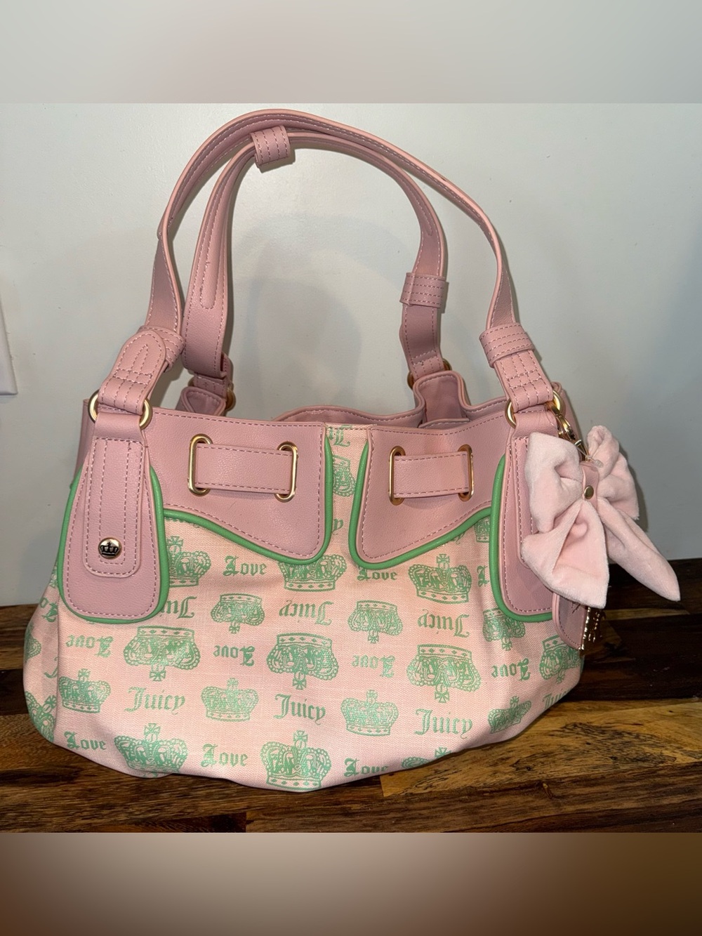 Juicy Couture Pink and Mint Crown-Print Shoulder Bag with Bow Charm